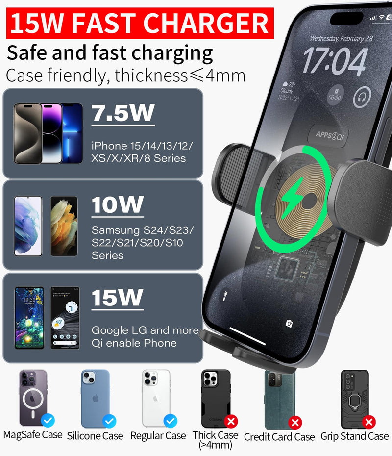 APPS2Car 15W Qi Wireless Car Charger Solid Cup Holder Mount, Adjustable Long Arm & 360° Rotation, Fits 3"–4" Round Cup Holders, Works with Cases ≤ 4 mm (No Metal Attachments) Upgraded Wireless Charger