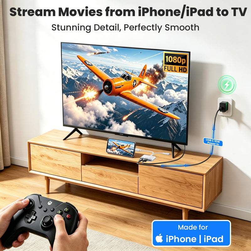 USB-C and Lightning to HDMI Adapter with USB for iPhone/iPad, 1080P MFi Lightning Digital AV Adapter with Charging Port for iPhone 17/16-6/iPad to HDTV/Projector/Monitor,USB2.0 Supports Keyboard/Mouse