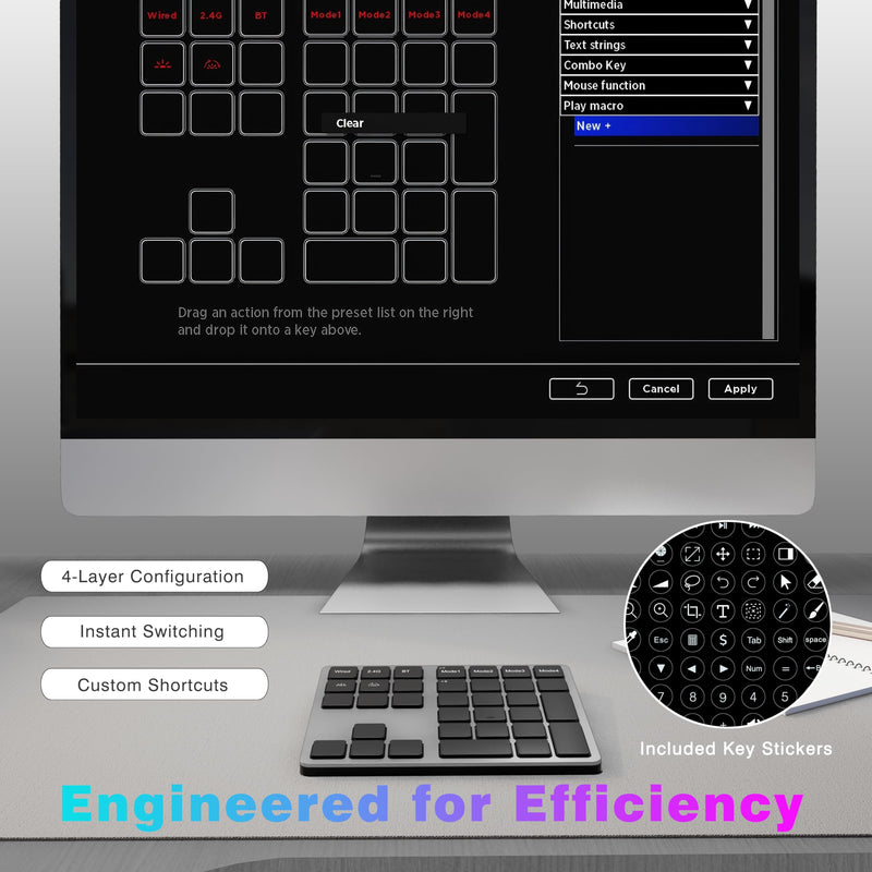Doohoeek Tri-Mode Programmable Macro Keypad for Windows PC, 25 Custom Keys with Shortcut Stickers, Wireless Bluetooth/2.4G/ Wired Keyboard for Excel, Video Editing, Graphic & Office Productivity Black QWERTY