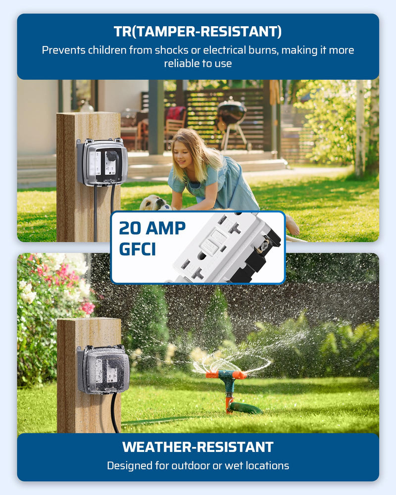 DEWENWILS 20A Outdoor Outlet, Heavy Duty GFCI Outlet Kit with Self Test, WR/TR, NEMA 5-20R Outdoor Electrical Box for Garden, Yard, Sports Field, White Dual 20A