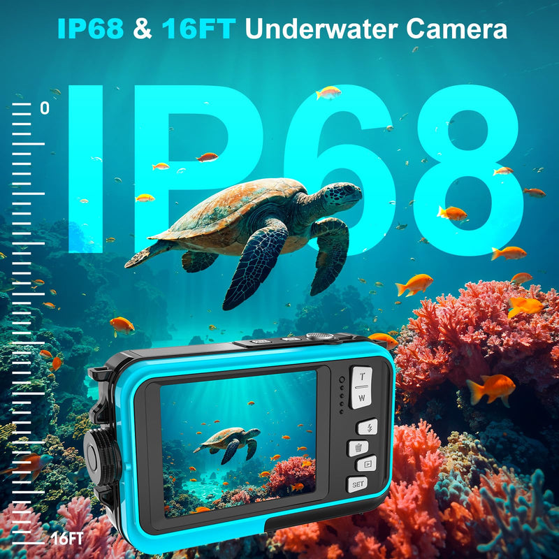 4K 64MP Underwater Camera 16FT Compact Digital Waterproof Camera Floatable | Dual-Screen Selfie, 1250mAh Battery,16X Digital Zoom,Autofocus,Fill Light, With 32GB Card, Snorkeling & Underwater Trips Blue