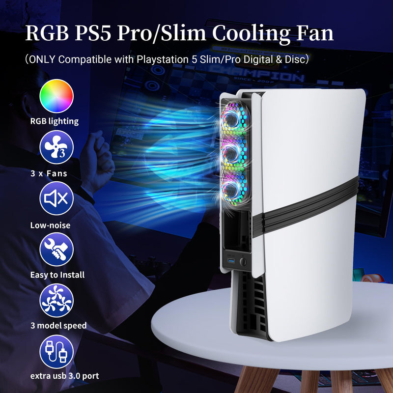 RGB PS5 Slim/Pro Cooling Fan, Auto Power Cooling System for PS5 Pro/Slim, Silent Cooler Fan with 3 Fans/3 Speed/USB 3.0 Port Compatible with PlayStation 5 Slim/Pro Digital and Discs Edition