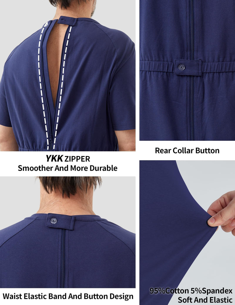 Adaptive Clothing for Men, Anti-Strip Back-Zip Jumpsuit Cotton Romper- Elderly Easy Care Onesie for Special Needs Large Navy