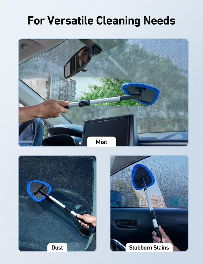 AstroAI Windshield Cleaning Tool, Car Window Cleaner Windshield Cleaner with 8 Reusable and Washable Microfiber Pads and Extendable Handle Auto Inside Glass Wiper Kit, Blue, 2 Pack