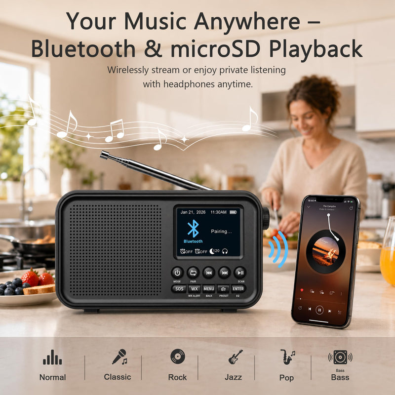 Eoxsmile Portable FM Radio with Bluetooth, NOAA Weather Alert, 40 Presets | Rechargeable 3000mAh Battery, Dual Alarms, Sleep Timer & MicroSD Playback, Digital Radio for Home, Bedside, Kitchen & Travel Black