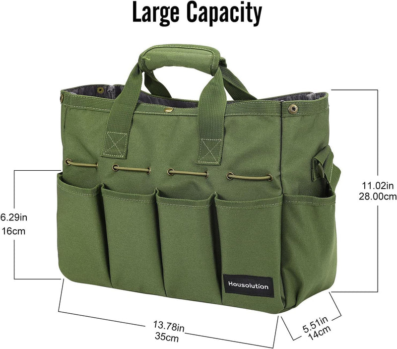 Housolution Garden Tote Bag, 900D Standable Gardening Tool Bag, Garden Tote Storage Bag with Pockets & Long Adjustable Shoulder Strap, Home Tools Organizer Garden Tool Kit Holder, 14 Inch Dark Green
