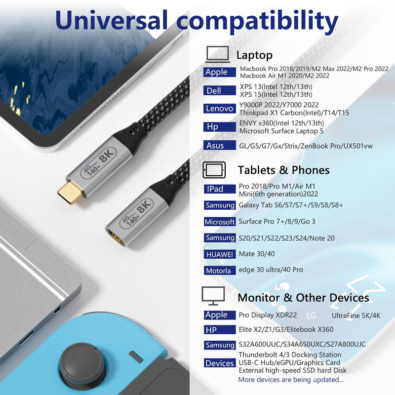 USB-C Male to Female Extra Long 10ft/3M USB4 Data Cable, Compatible Thunderbolt 4, 8K Video Transmission, 40Gbps Data Transfer, 140W PD Fast Charging 8K Video for monitor extension cable 10FT