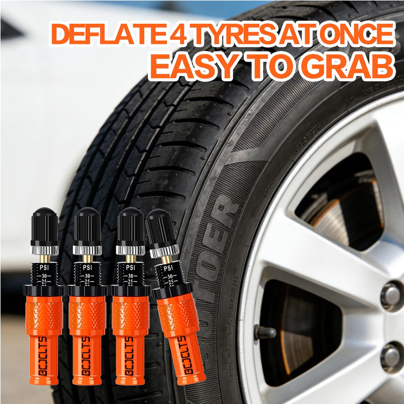 Adjustable Auto-Stop Tire Deflator Valve Kit (10-30 PSI) Tire Air Down Tool Offroad 4x4 Screw-on Automatic Tire Deflators. (4, Orange) 4