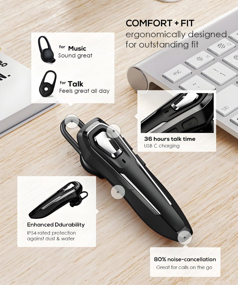 Single Ear Bluetooth Headset for Calls, Lightweight Wireless Earpiece | with Noise Canceling Microphone, 36Hrs Talk Time, Hands-Free Headset for Driving/Office, Crystal Clear Calls (Black) Black
