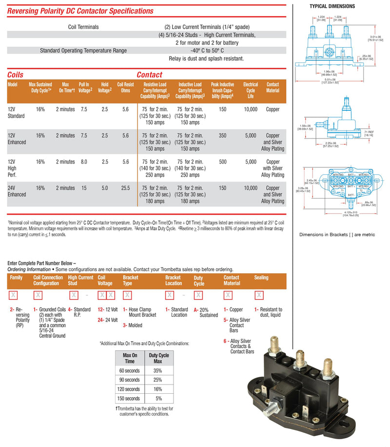 Trombetta 12 Volt Reversing Polarity DC Contactor Part No. 214-1211-A11-06