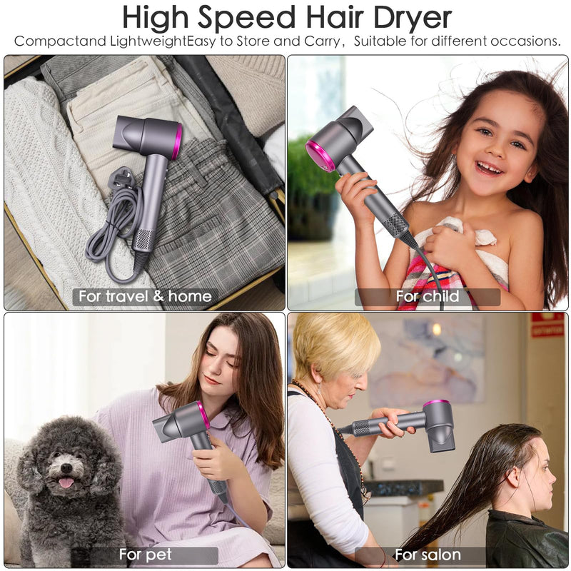 Hair Dryer, Professional Ionic Hair Dryer with 3 Speed 4 Heat Setting, Brushless Motor 110000 RPM Low Noise Thermo-Control Travel Hairdryers with Magnetic Nozzle 1600W Portable for Home Travel(Gray) Gray