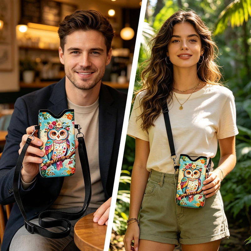 GLOBLELAND Owl Cell Phone Sleeve Pouch Case Bag 7.1×3.9 inch Flowers Leaves Shockproof Universal Phone Bag with Crossbody Strap Neck Lanyard for Women Men Phone Headphones Watch