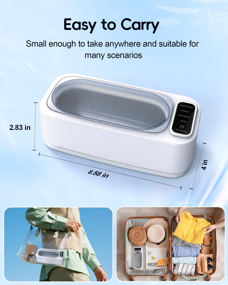Ultrasonic Jewelry Cleaner Machine, 48KHz Ring Ultrasonic Cleaner, 4 Cleaning Modes - Suitable for Eyeglasses, Jewelry, Rings, Watchbands, Braces, Dentures, 13.5oz 304 Stainless Steel Tank for Gift White