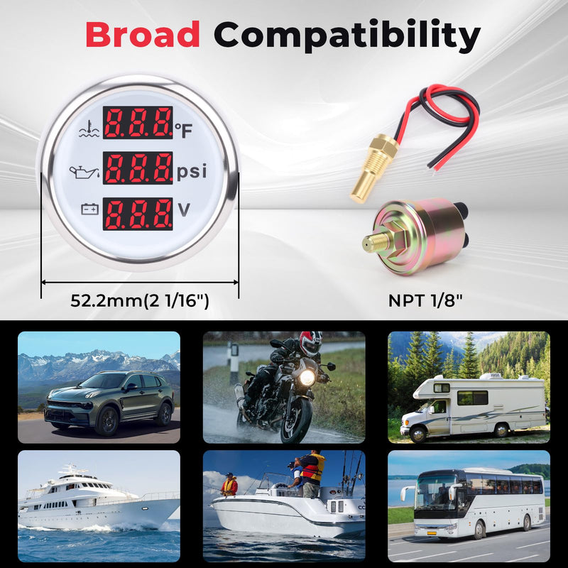 3 in 1 Gauge Kit 52mm Digital Oil Pressure Gauge, Water Temperature Gauge, Voltmeter for Car Truck Boat RV Motorcycle, Automotive Gauge Kit with Oil Pressure Sensor, Universal 12V (RED3) RED3