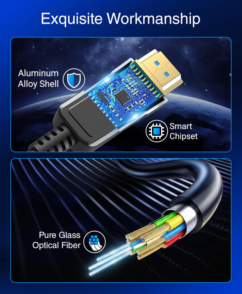 BlueRigger 8K Fiber Optic HDMI Cable 50FT (48Gbps, in-Wall CL3 Rated, 8K 60Hz, 4K 144Hz, HDCP 2.3, HDR10+) Ultra High Speed Long HDMI AOC 2.1 Cable - for Gaming, VR, HDTV, Monitor, PC