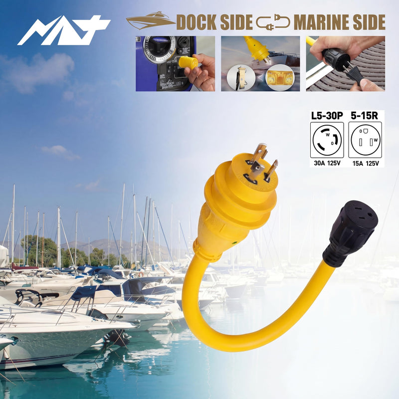 NAT 30 amp to 110 Adapter︱NEMA L5-30P to 5-15R Shore Power Cord 1.5FT︱30A to 15A with LED︱Indicator Heavy Duty 10AWGX3C 100% Copper︱STW UV & Cold-Resistant Jacket (30M/15F)