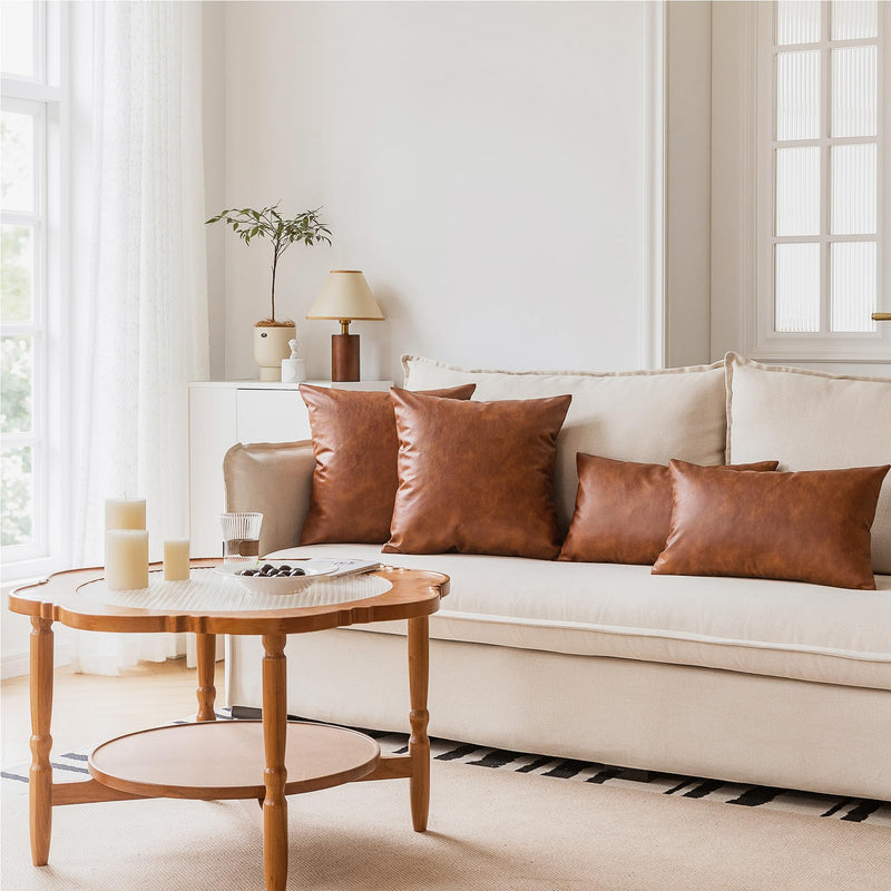 Faux Leather Throw Pillow Covers 18X18 Inch Set of 2 Brown Outdoor Modern Farmhouse Solid Decorative Pillow Covers for Room Couch Living Bedroom Bed Sofa 18" x 18" (Pack of 2)