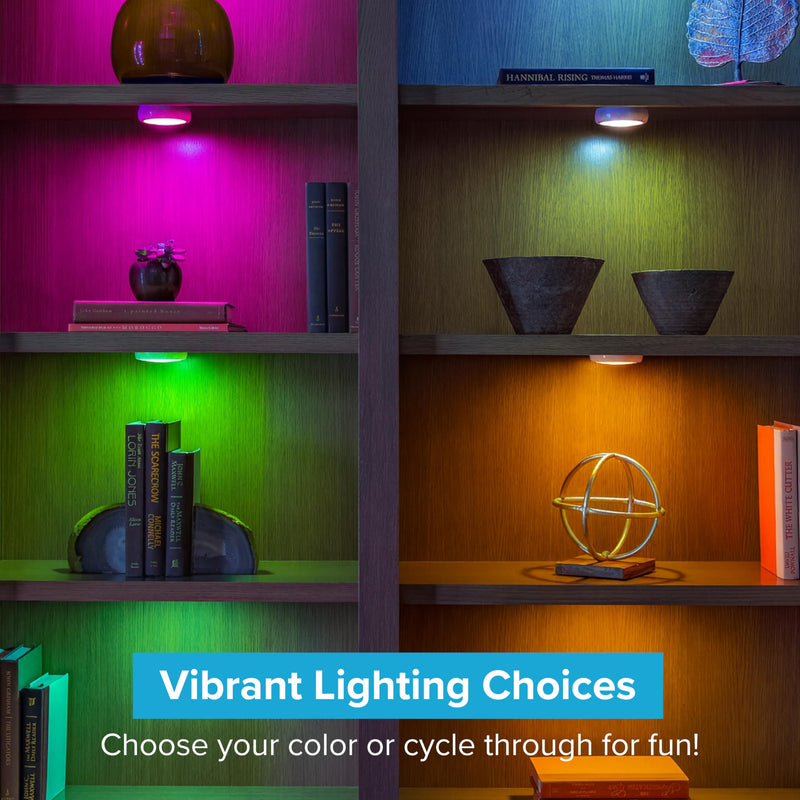 Brilliant Evolution 6-Pack Wireless RGB LED Lights - Battery Operated Puck Lights with 2 Remotes - Color-Changing LED Under Cabinet Lighting - 55 Lumens Each Night Light for Cabinets, Shelves, Walls