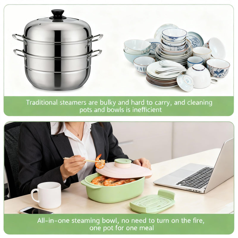 44oz Silicone Steamer Bowl with Handle & Lid, 9.8x5.7x4in | Microwave-Safe, BPA-Free with Removable Rack, Rotating Steam Vent, Freezer & Dishwasher Safe, Ideal for Vegetables & Fish