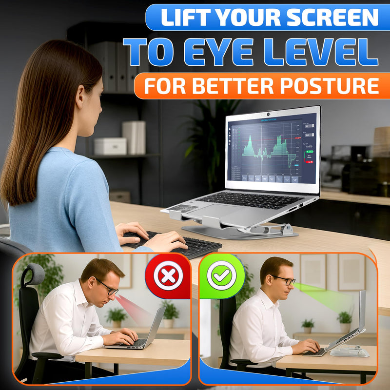 Height & Angle Adjustable Computer Stand for Laptop - Portable Computer Holder for Desk with Ventilation Slots for Enhanced Airflow - Adjustable Laptop Stands for Desk with Non-Skid Silicone Pads