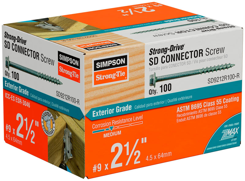 Simpson Strong-Tie SD9212R100-R - #9 x 2-1/2 Inch Strong Drive SD Connector Screws - 1/4 Inch Hex Head, Galvanized Coating, Hex Bit Included, for Construction, Home Improvement (Box of 100) Pack of 1