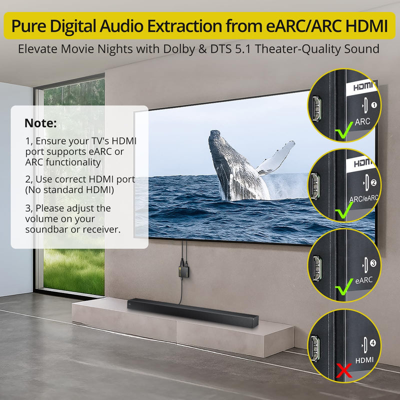 PROZOR HDMI eARC/ARC to Optical Audio Adapter, eARC Audio Extractor | Supports PCM 2.0, Dolby 5.1, DTS 5.1 Audio Formats, eARC Audio Extractor for TV to Soundbar Amplifier Home Theater
