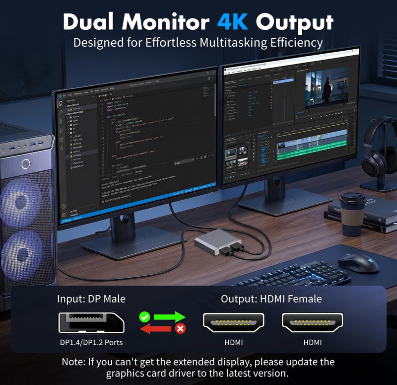 DisplayPort to Dual HDMI Adapter 1 in 2 Out, 4K@60Hz DP to HDMI Splitter for Dual Monitors, Extended Display MST Hub for Windows PC, NVIDIA/AMD Graphics Card [Mac OS Mirror Only]