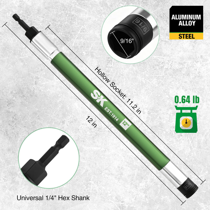 SK 9/16" Impact Nut Driver, 12-Inch Long Aluminum Hollow Shaft for Long Bolts, Free-Spinning Pull-Down Springback Design, 1/4'' Hex Shank Power Nut Setter with Ball Detent Locking Socket 12 in