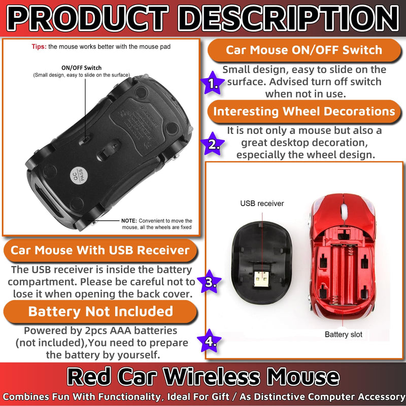 Cute Mouse Wireless Red，Car Mouse 1600DPI 2.4G with USB Reciver for Computer Wireless Computer Mouse Wireless USB Wireless Mouse for Windows for Mac OS for Laptop Computer Tablet（Red）