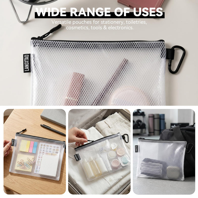 5 Pack Clear Zipper Pouches, Tool & Cable Organizer Waterproof Travel Pouch | Build In Carabiner Clip & Label Sticker, Waterproof Pouch, Mesh Zipper Pouch Bags, Tool Bag, Travel & Tech Pouch, Multi-Size