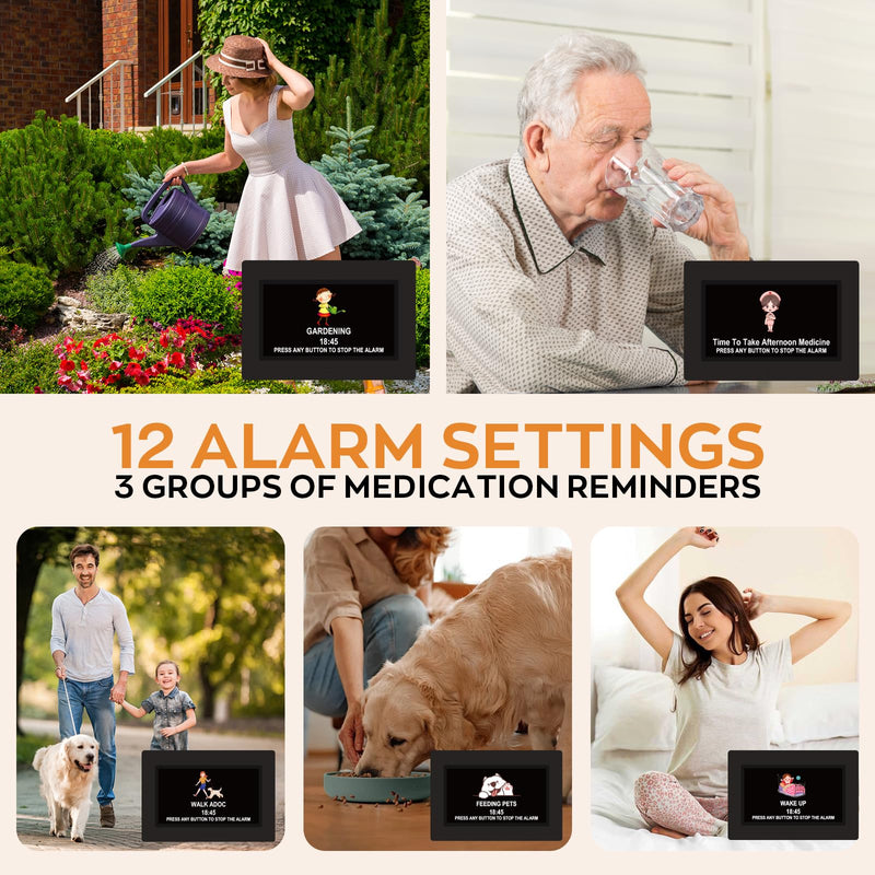 Digital Clock for Seniors with Day Date Time Large Display - 7 Inch Large Print Dementia Clock for Memory Loss and Visually Impaired, 12 Alarm Options, Non-Abbreviated, Black 7''