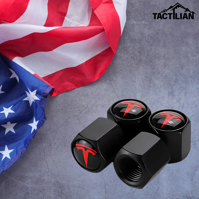 TACTILIAN Red Tire Valve Stem Caps for Tesla Model 3, S, X, Y | Leakproof Aluminum Tire Valve Caps with Rubber O-Rings Compatible with Tesla Car Accessories | Tire Valve Stem Covers Tire Caps 4 Pack Tire Valve Stem Caps 4 Pack Tesla Red