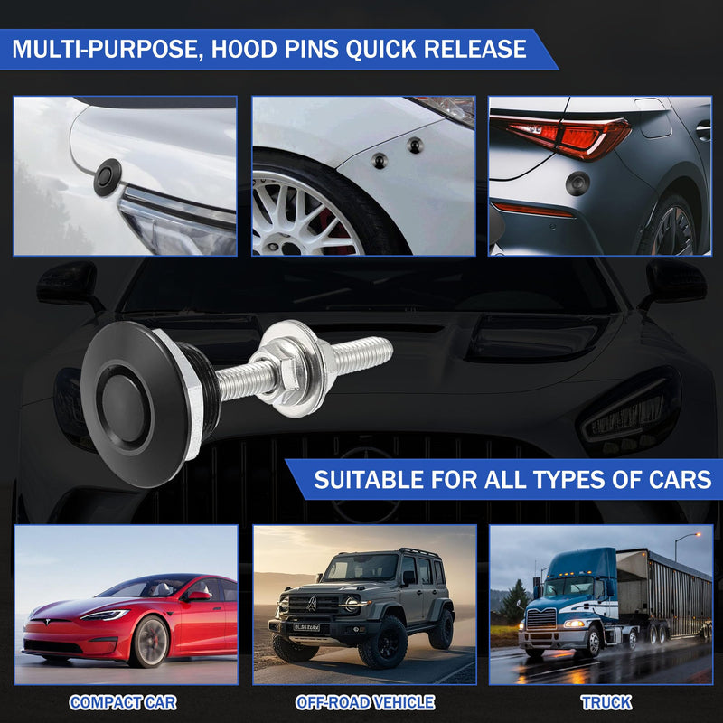 1.25 Inch Universal Stainless Steel Vehicle Hood Pins, Universal Bumper Quick Release Clips for Car, Push Button License Plate Lock - 8 PCS (Black)