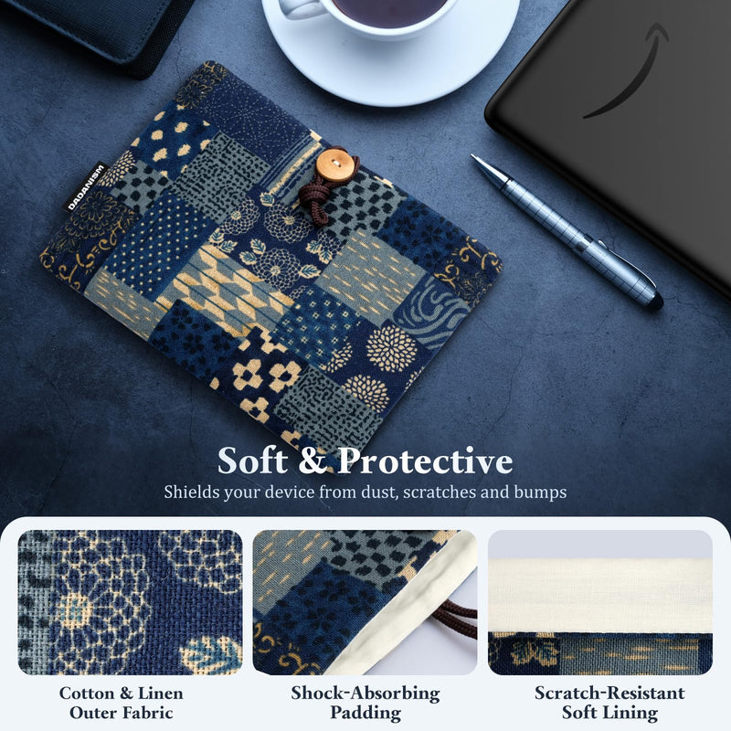 Dadanism 6‑7 Inch Padded Portable Sleeve Case for Kindle & E-Readers | Fits 7" Kindle Paperwhite & Kindle Colorsoft Signature Edition, 6" Kindle, 6" Kobo Clara BW, 7" Kobo Libra Colour, Blue Print