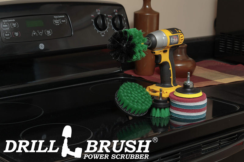 Drillbrush Kitchen Cleaning Supplies - Whole Household Scrubbing Pads and Medium Stiffness Brushes - Stove Top and Oven Rack Cleaning Brush Kit - Sink, Tile, Laminate, Vinyl, Pan, Countertop Scrubber Green