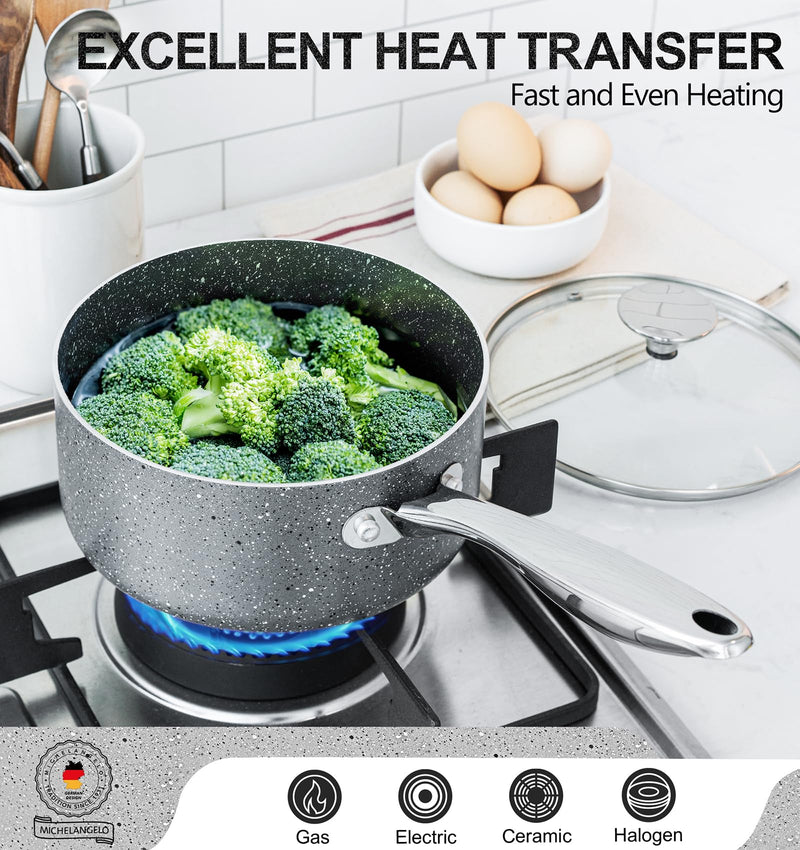 MICHELANGELO Sauce Pan with Lid, 1 Quart Saucepan with Lid Granite, Non Stick Sauce Pan with Stainless Steel Handle, 1 Qt Saucepan with Nonstick Coating, Grey 1 Quarts