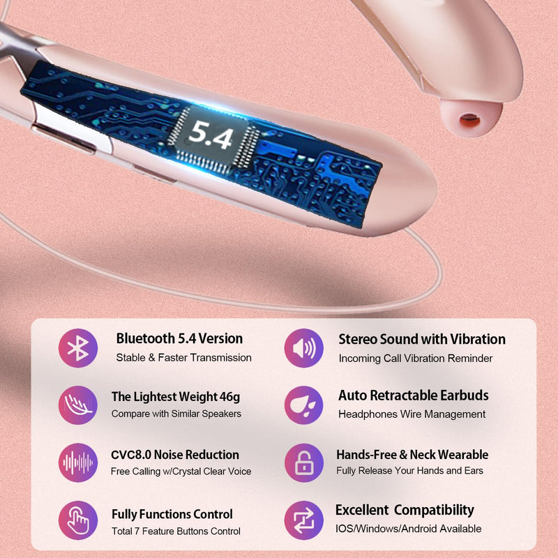 Neckband Bluetooth Headphones, Wireless Headphone with Retractable Earbud | Bluetooth 5.4, 16Hrs Playtime, IPX5 Sweatproof, Around The Neck Headphones Stereo Headset for Sports RoseGold