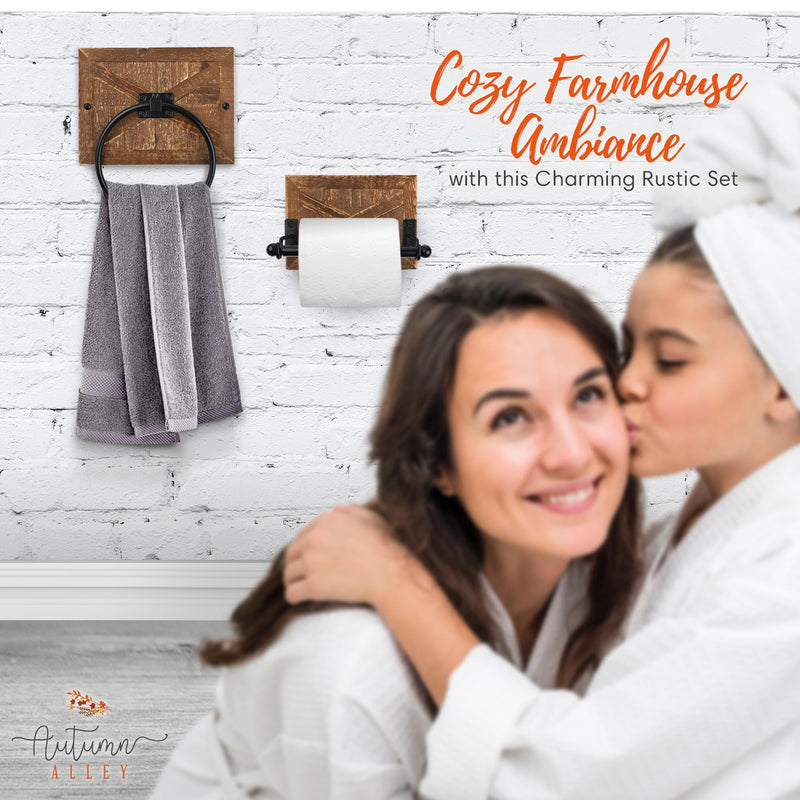 Autumn Alley Rustic Farmhouse Toilet Paper Holder and Towel Ring, Wall Mount, 2 Set - Country Western Decor Wall Toilet Paper Holder and Bathroom Hand Towel Holder Decor, Wooden