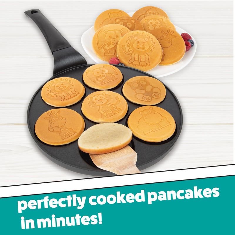 Animal Mini Pancake Pan- Make 7 Unique Flapjack Zoo Breakfast Friends | Includes Elephant, Giraffe, Lion, Tiger, Panda Gorilla & Hippo- Nonstick Pan Cake Maker Griddle for Morning Fun, Easy Cleanup