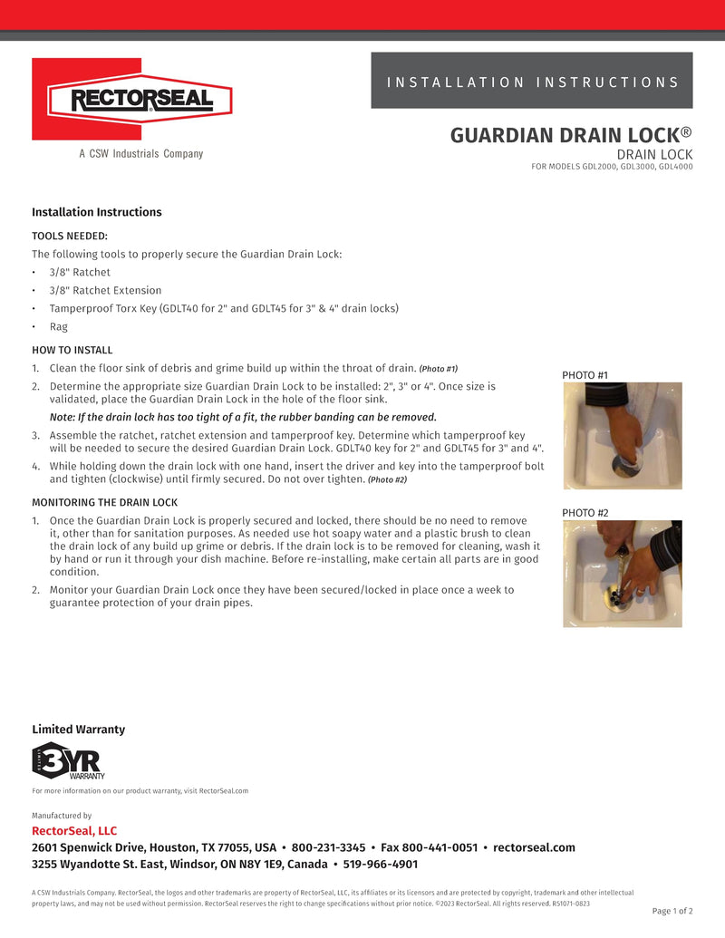 RectorSeal Guardian Drain Lock GDL3000 Floor Sink Drain, Innovative Design for Restaurants, Factories, and Other commercial Use, 3" Round, Plumbing