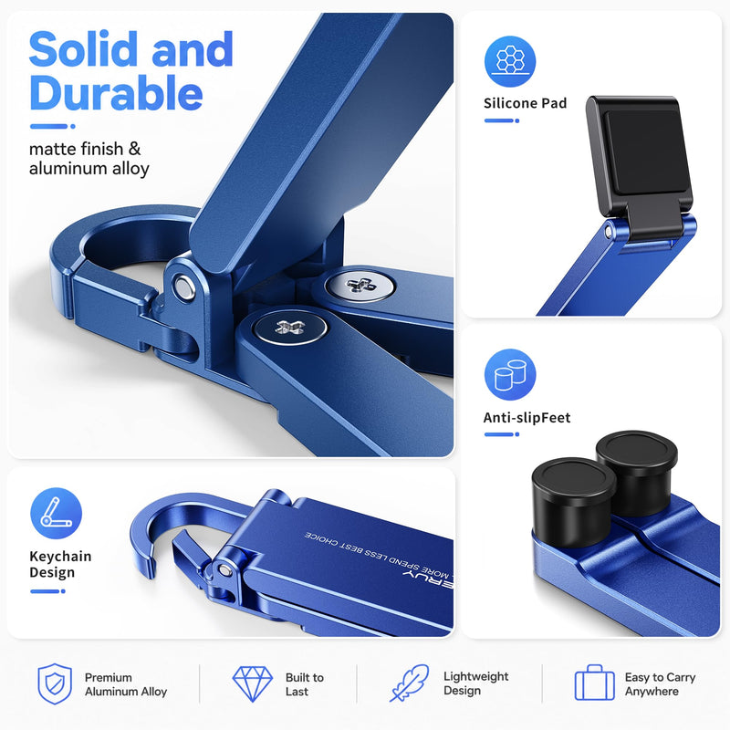Portable Foldable Pocket Phone Stand with Keychain for Desk Travel(Blue) | Mini aluminum, adjustable kickstand, lightweight metal, slim compact for office, plane Blue