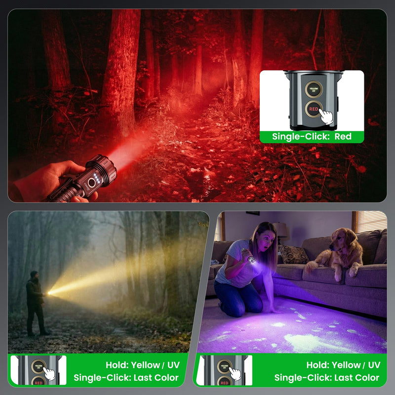2000 Lumen EDC Flashlight Small Rechargeable Flashlight with Memory,Multi-Color Light (Warm Yellow/Red/Green/Blue/UV) with 5 Buttons,Built-in 4200mAh Battery Ideal for Home,Outdoor,Emergency Use Pocket