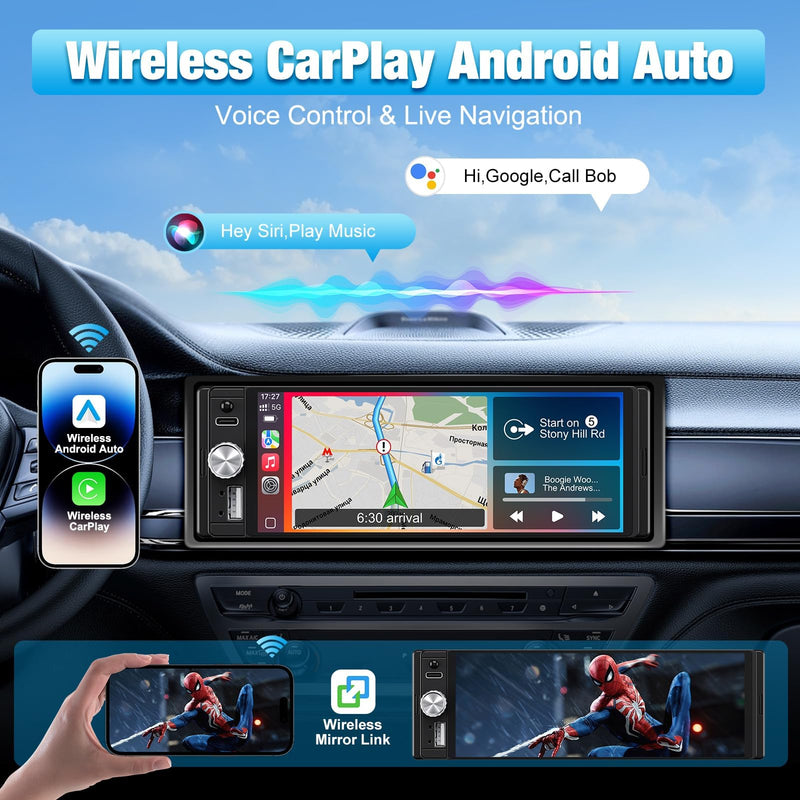 Single Din Radio Car Stereo with Apple CarPlay & Android Auto, 6.28 Inch HD Touch CarPlay Screen, Backup Cam,Bluetooth, MP5,USB Type-C, SWC, EQ, FM Radio (with External Mic)