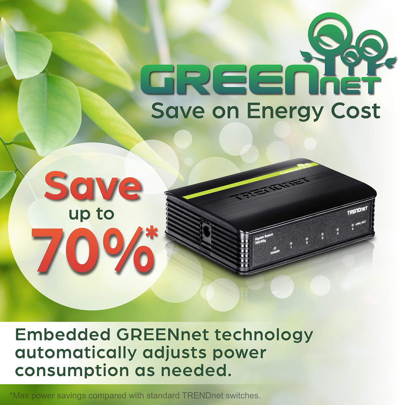 TRENDnet 5-Port Unmanaged Gigabit GREENnet Desktop Plastic Housing Switch, TEG-S5G, Plug & Play, 5 X Gigabit Ethernet Ports, 10Gbps Switching Capacity, Network Ethernet Switch, Fanless
