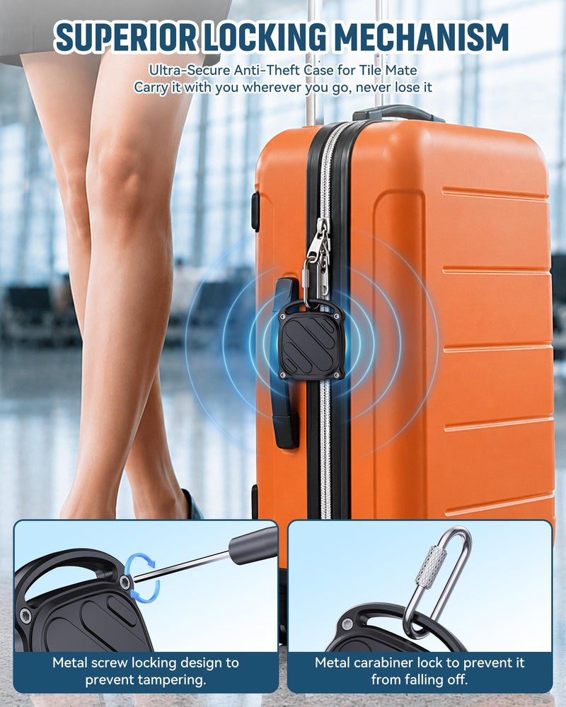 DDJ 4 Pack for Life360 Tile Mate 2024 Tracker Case, IPX8 Waterproof Protective Holder, Heavy Duty Anti-Loss Screw Lock Cover with Metal Carabiner for Keys, Luggage, Backpack & Pet Collar, Black Black x4