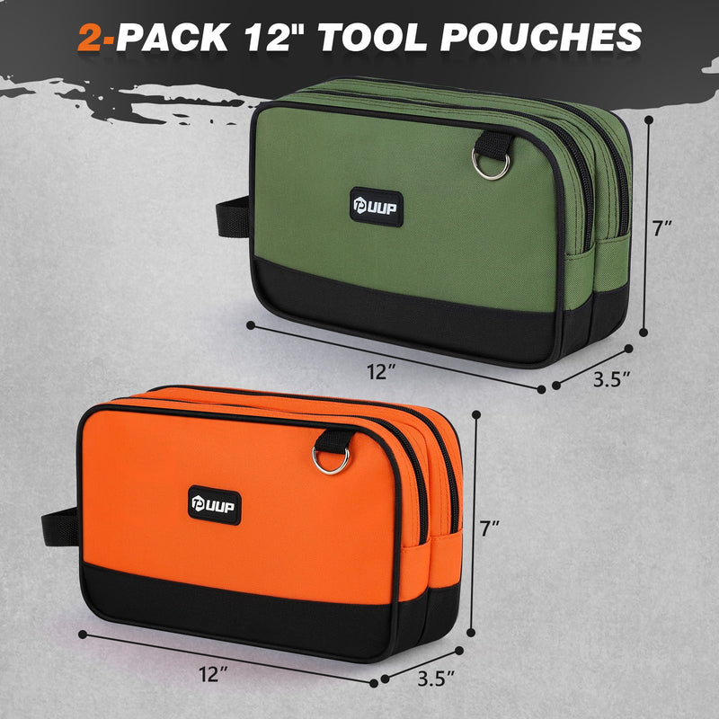 12" Small Tool Bag 2 Pack, Zipper Tool Pouch 2 Compartments, Utility ToolBag with Carrying Handle, Toolbox Organization, Screwdriver Storage Tool Box, Electrician Mechanic Men Dad Gifts, Orange/Green 12" x 7" Orange/Green 2Pack