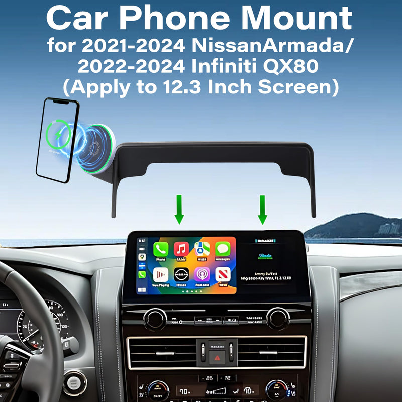 Car Phone Mount for Nissan Armada 2021-2024/Infiniti QX80 2022-2024 | 12.3-inch Screen Clip-On MagSafe 15W Fast Wireless Charger Cell Phone Holder,3D Fit Navigation 360° Rotatable Cradle for 2021-2024 Armada/2022-2024 QX80(12.3 Inch)