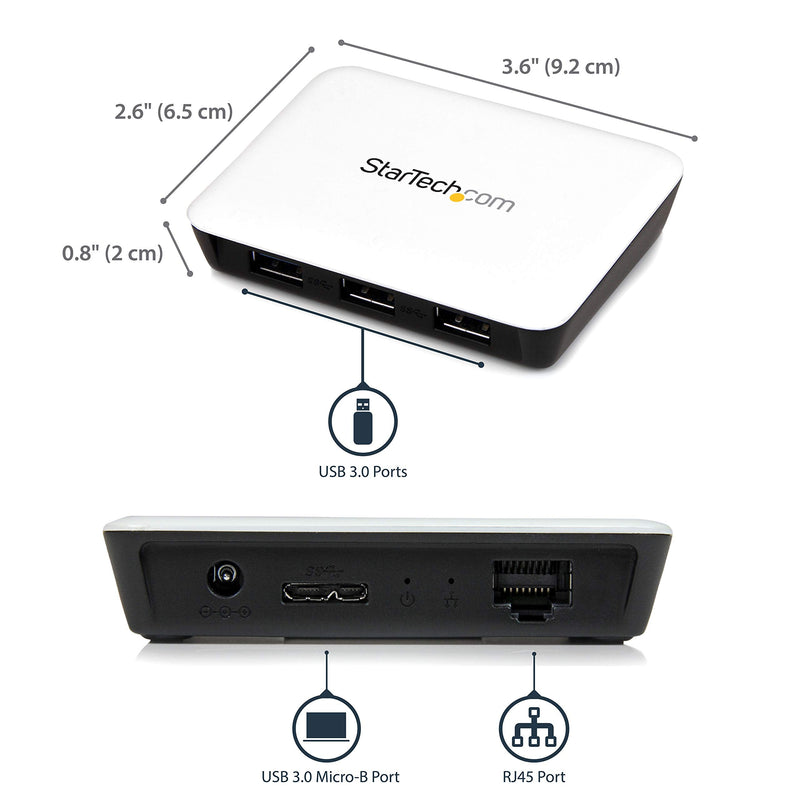 StarTech.com USB 3.0 to Gigabit Ethernet NIC Network Adapter with 3 Port Hub - White - USB 3 Ethernet Adapter - USB Charging Hub (ST3300U3S) w/ 3 USB Ports