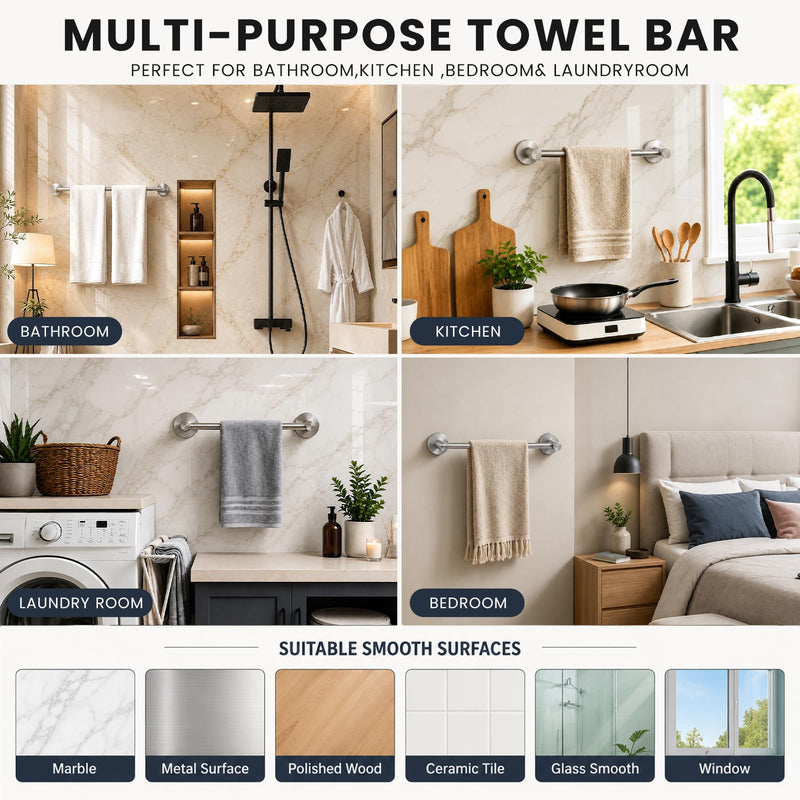 Towel Racks for Bathroom, No-Drill Suction Cup Towel Bar, Stainless Steel Adjustable Towel Holder 14.6-24Inch for Shower, Kitchen, Bathroom Wall(Silver) Silver