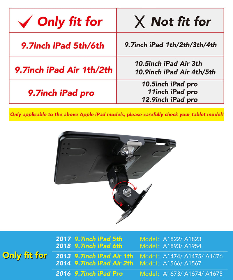 On Wall Mount Bracket for iPad 9.7"(6th,5th,Gen.), 9.7" Air1& 2, 9.7" Pro, Excluding iPad 9.7"(1th,2th,3th,4th,Gen.),Anti Theft Lock, Rotate Design Arbitrary,Multi Angle, Metal,(Black)